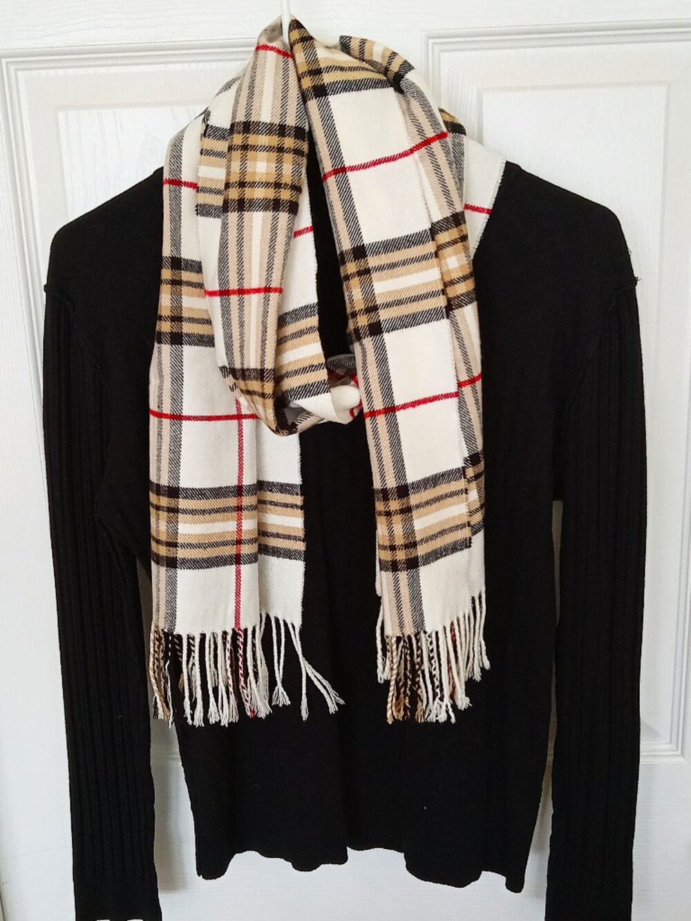 Soft Cream, Tan, Black & Red Unisex Classic Plaid Scarf